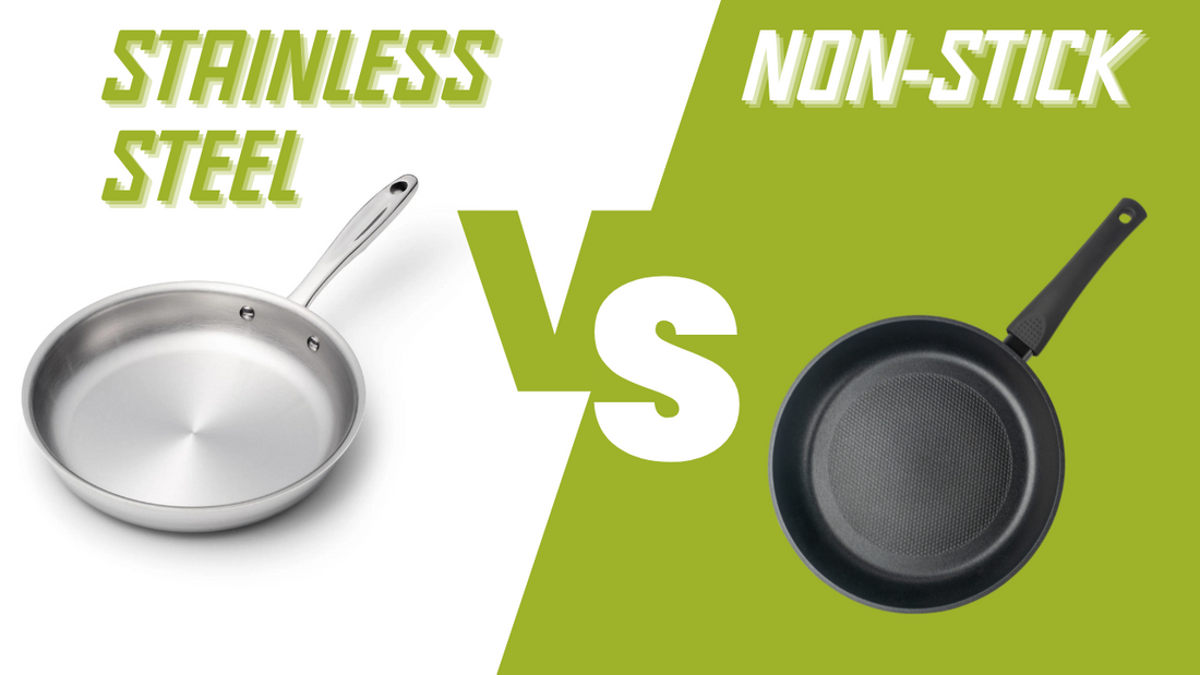 Comparison of stainless steel and non-stick frying pans with labels