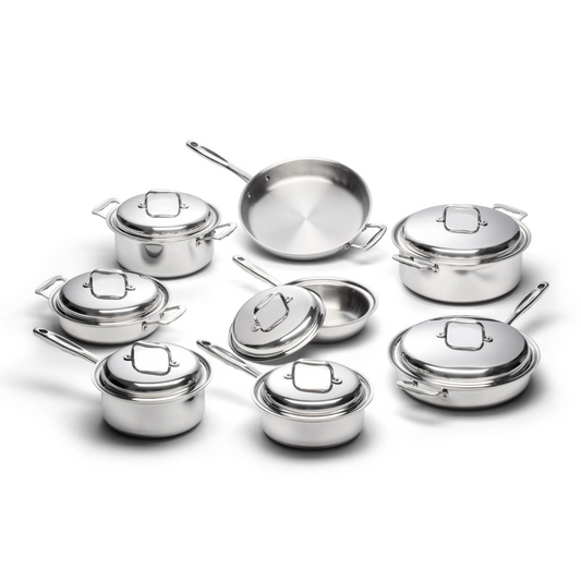 A complete 9-piece stainless steel cookware set including various pots and pans with lids.