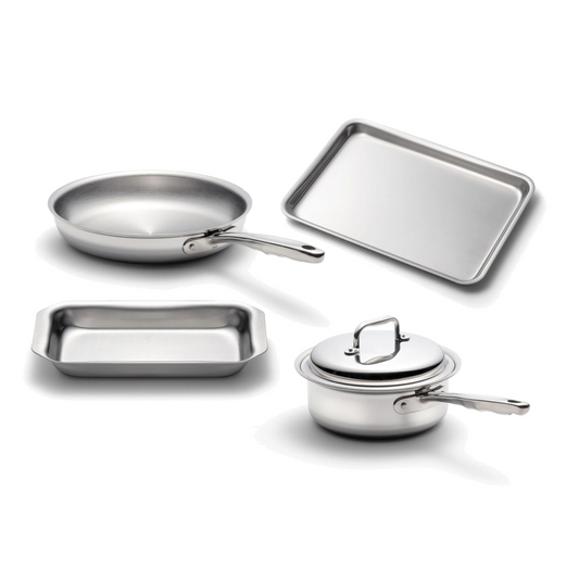 5-piece stainless steel cookware set including a fry pan, saucepan, jelly roll pan, and baking dish.