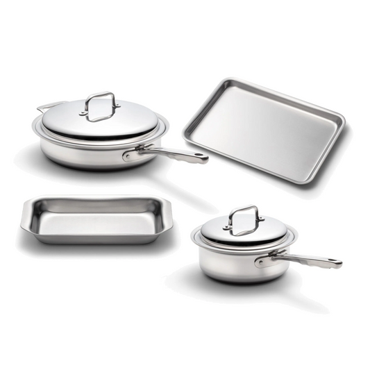 6-piece stainless steel cookware set including sauté pan, saucepans, and jelly roll pans