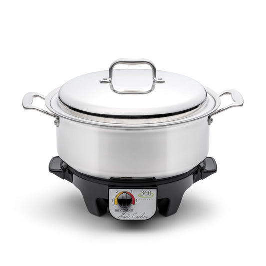 Stainless steel slow cooker on a white background