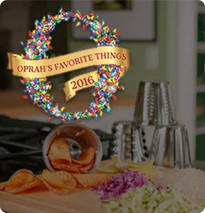A festive wreath with the text 'Oprah's Favorite Things 2016' overlaid on a kitchen scene with food items and kitchen tools.