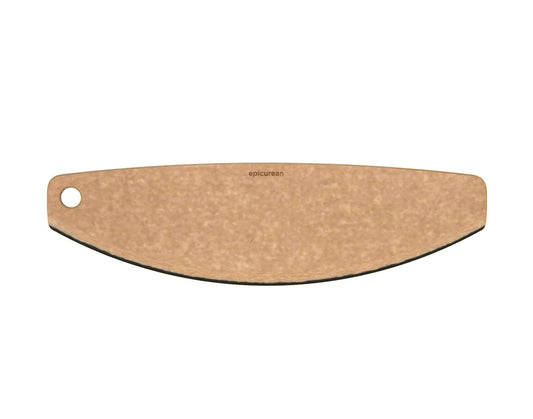 Epicurean pizza cutter with a curved blade and a hole for hanging