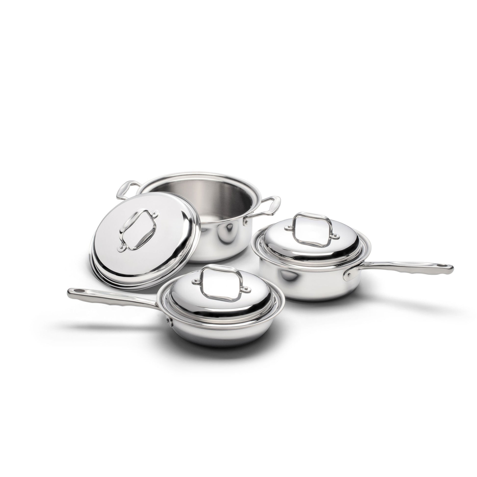 Three stainless steel pots with lids and a frying pan, part of a 6-piece cookware set.