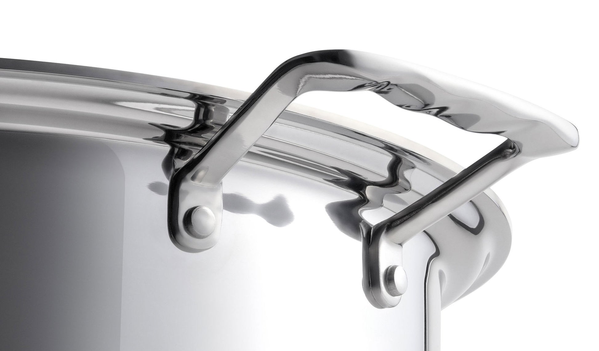 Close-up of the handle of a stainless steel pot from the 360 Cookware 6-piece set