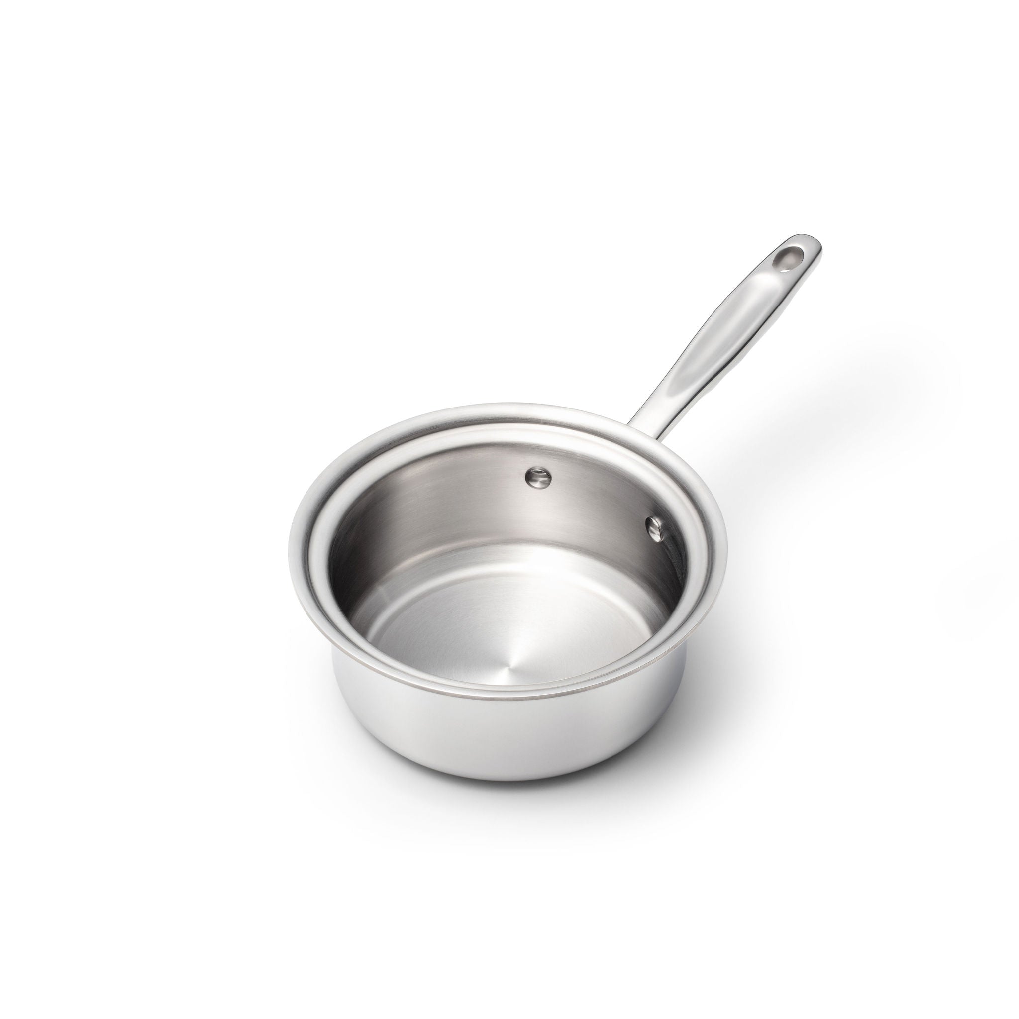 Stainless steel saucepan with a long handle on a white background