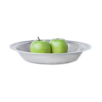A pie pan with two green apples inside.