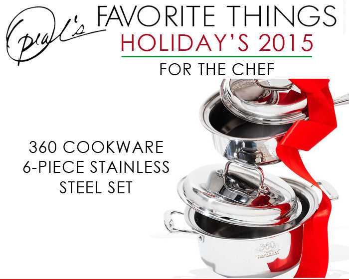 Promotional banner showing Oprah's Favorite Things 2015 — For the Chef and 360 Cookware 6-piece set tied with red ribbon