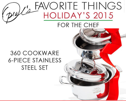 Promotional banner showing Oprah's Favorite Things 2015 — For the Chef and 360 Cookware 6-piece set tied with red ribbon