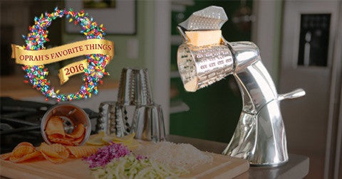 360 Kitchen Cutter showing metal grating cones and chute, chopped vegetables, and banner reading OPRAH'S FAVORITE THINGS 2016