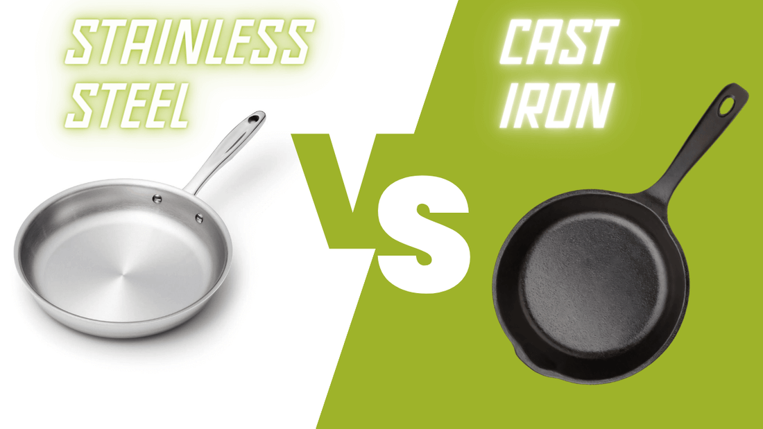 Comparison of stainless steel and cast iron cookware with a stainless steel pan and a cast iron skillet