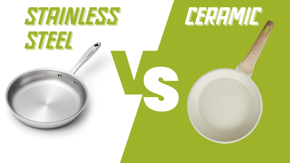Comparison of stainless steel and ceramic cookware with images of each type of pan