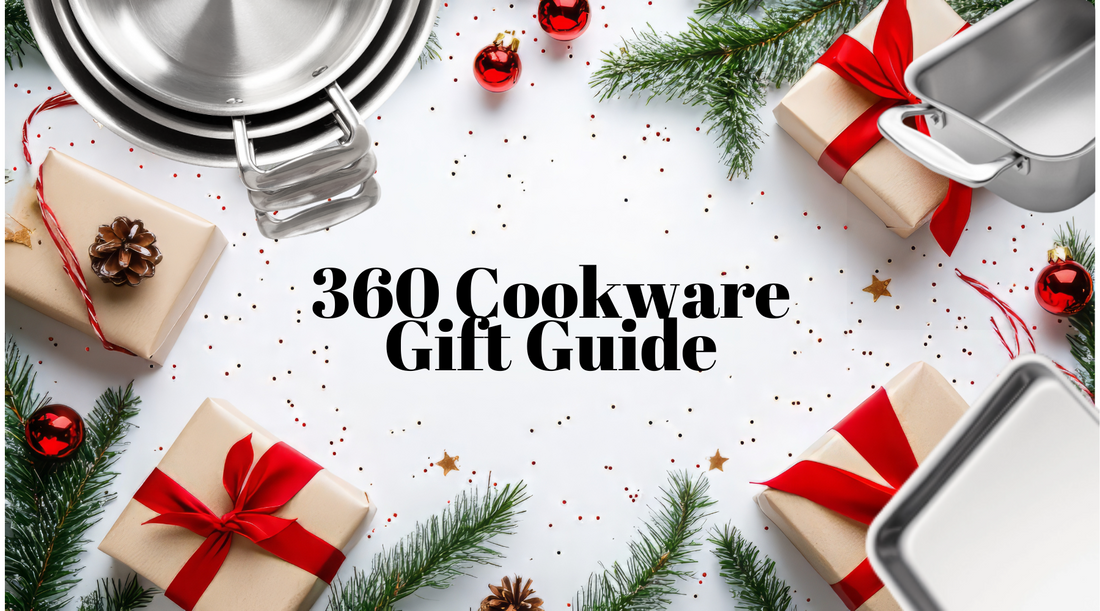 360 Cookware Gift Guide with pots, pans, and holiday decorations including gifts and ornaments.