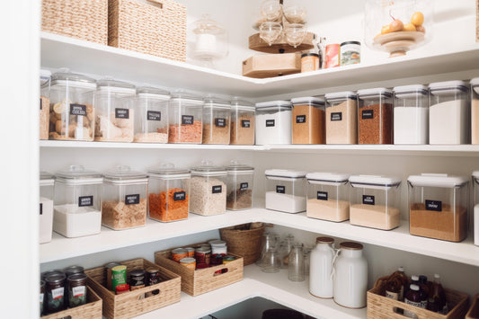 Organized pantry with labeled containers and baskets for food storage