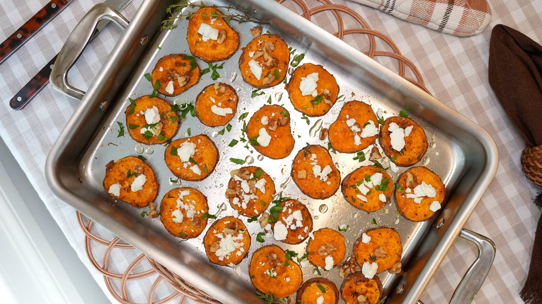 Sweet Potato Rounds with Hot Honey, Feta, & Walnuts
