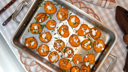 Sweet Potato Rounds with Hot Honey, Feta, & Walnuts