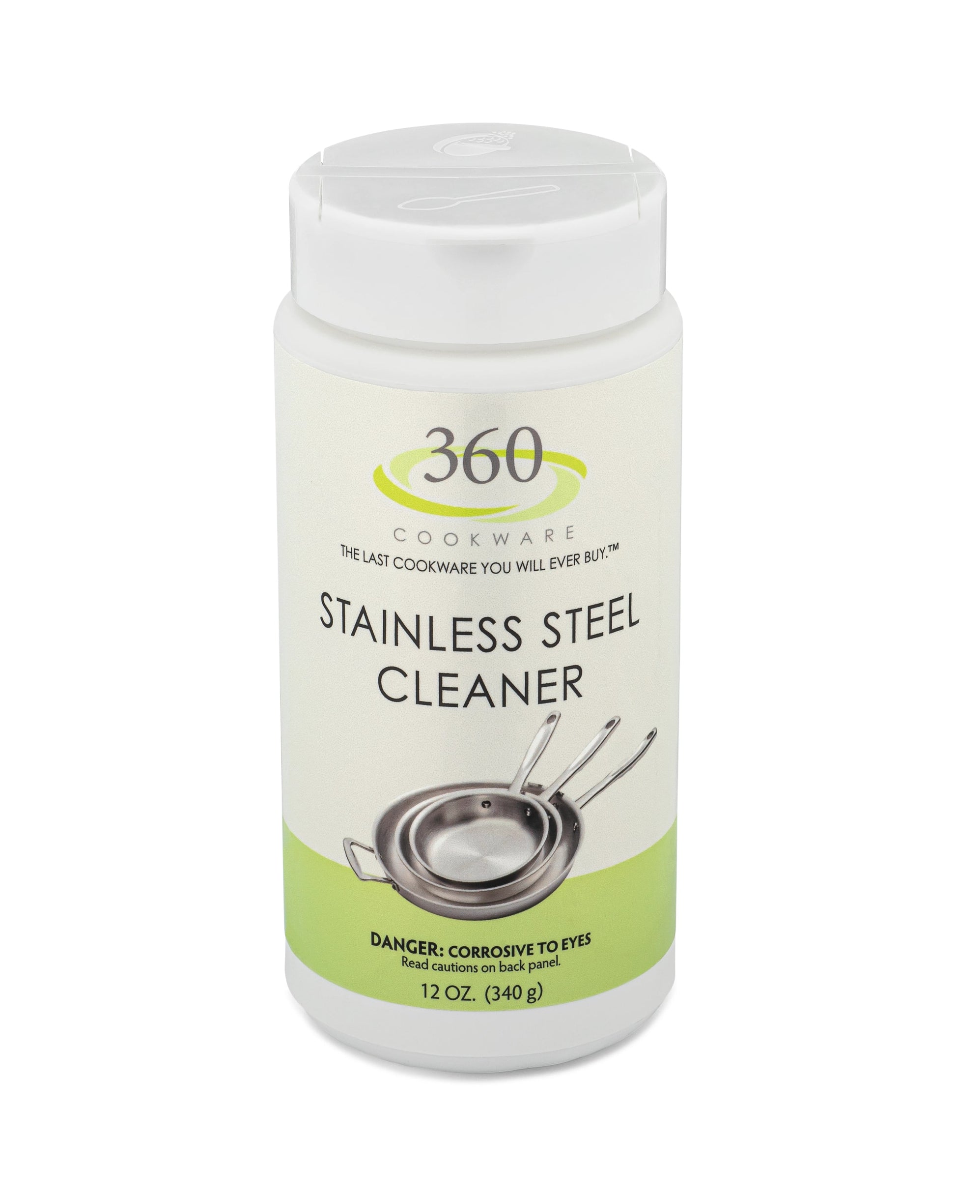 360 Stainless Steel Cleaner in a 12 oz container with a warning about corrosiveness.