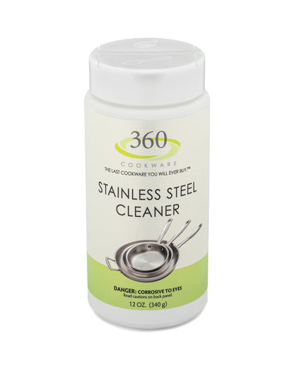 360 Stainless Steel Cleaner in a 12 oz container with a warning about corrosiveness.