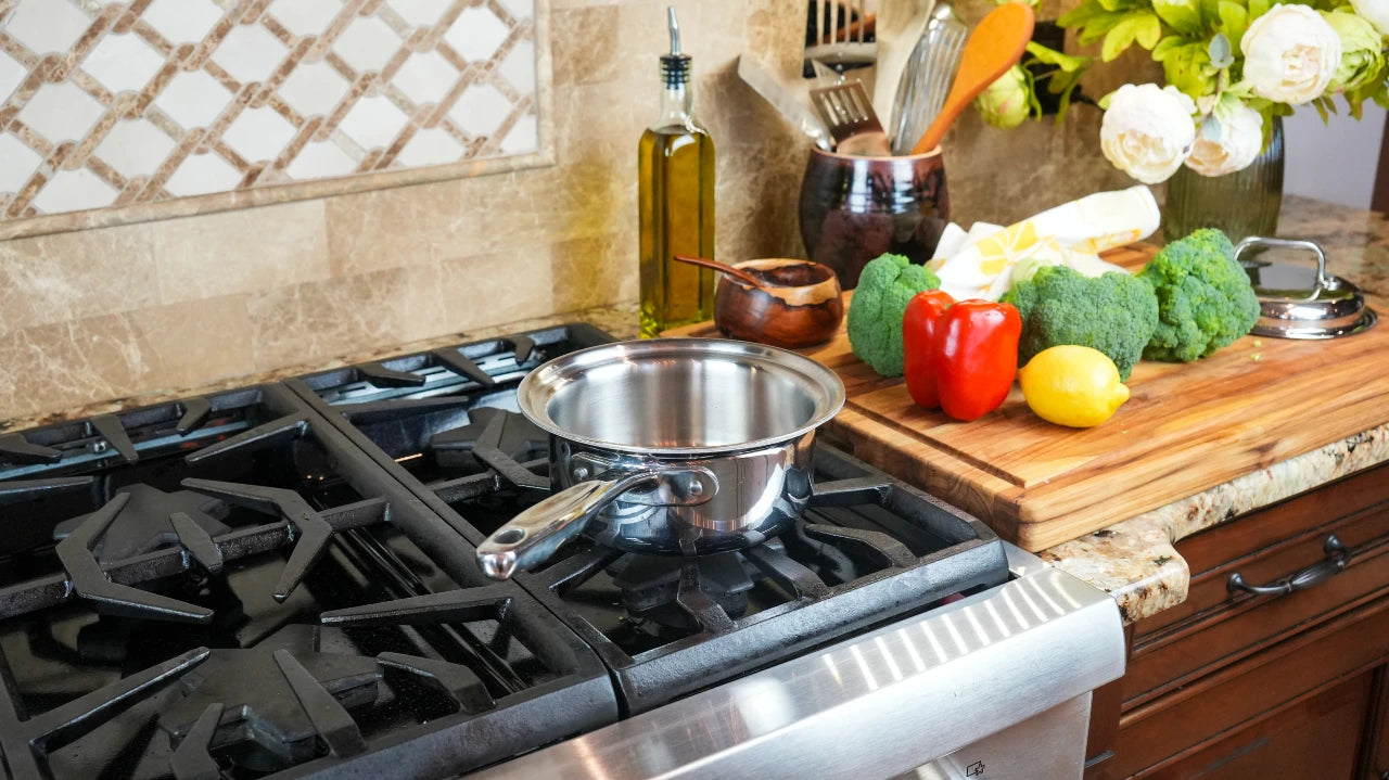 Stovetop with a pot on it, surrounded by kitchen items including vegetables and a cutting board.