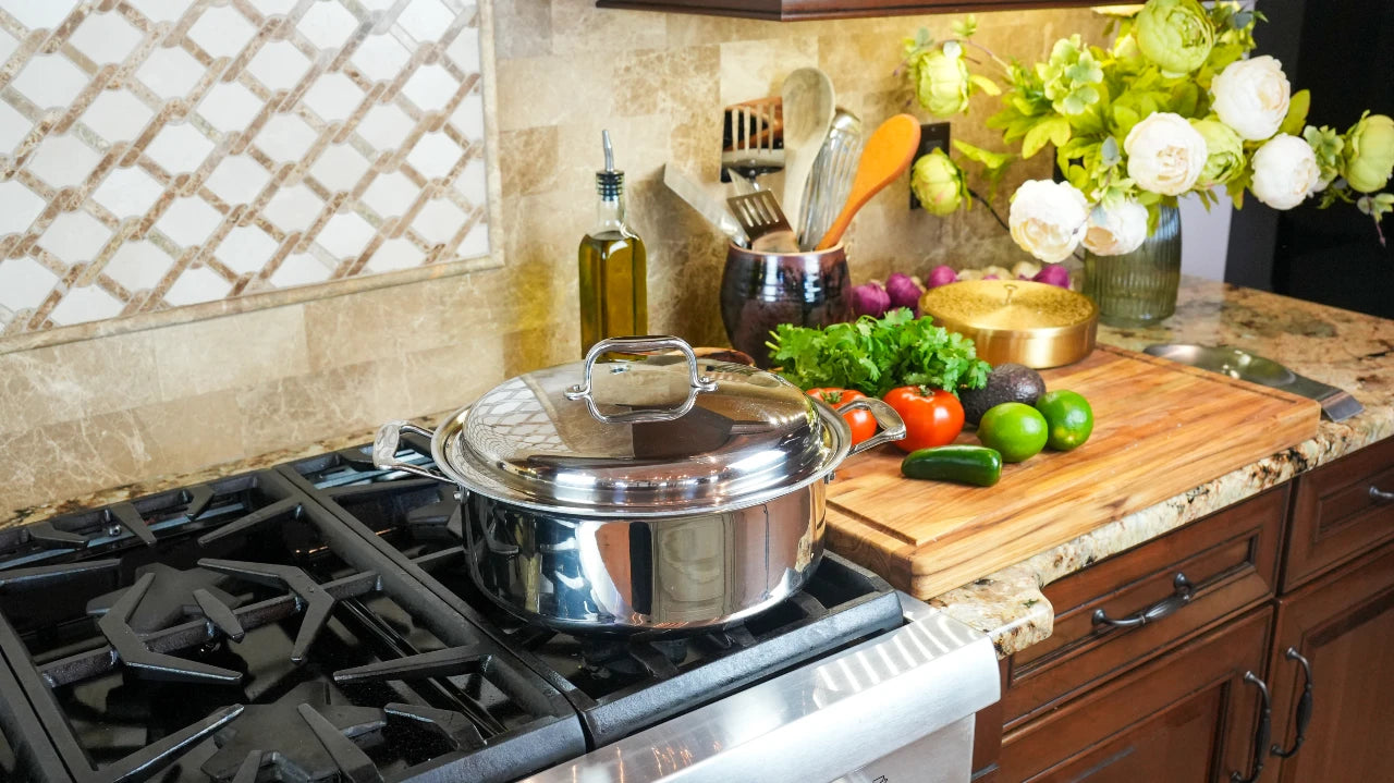 Kitchen scene with a pot on the stove, cutting board with vegetables, and flowers.