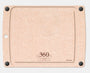 Rectangular light-peach cutting board with juice groove, left hanging hole and black corner feet; logos read 360 COOKWARE and epicurean.