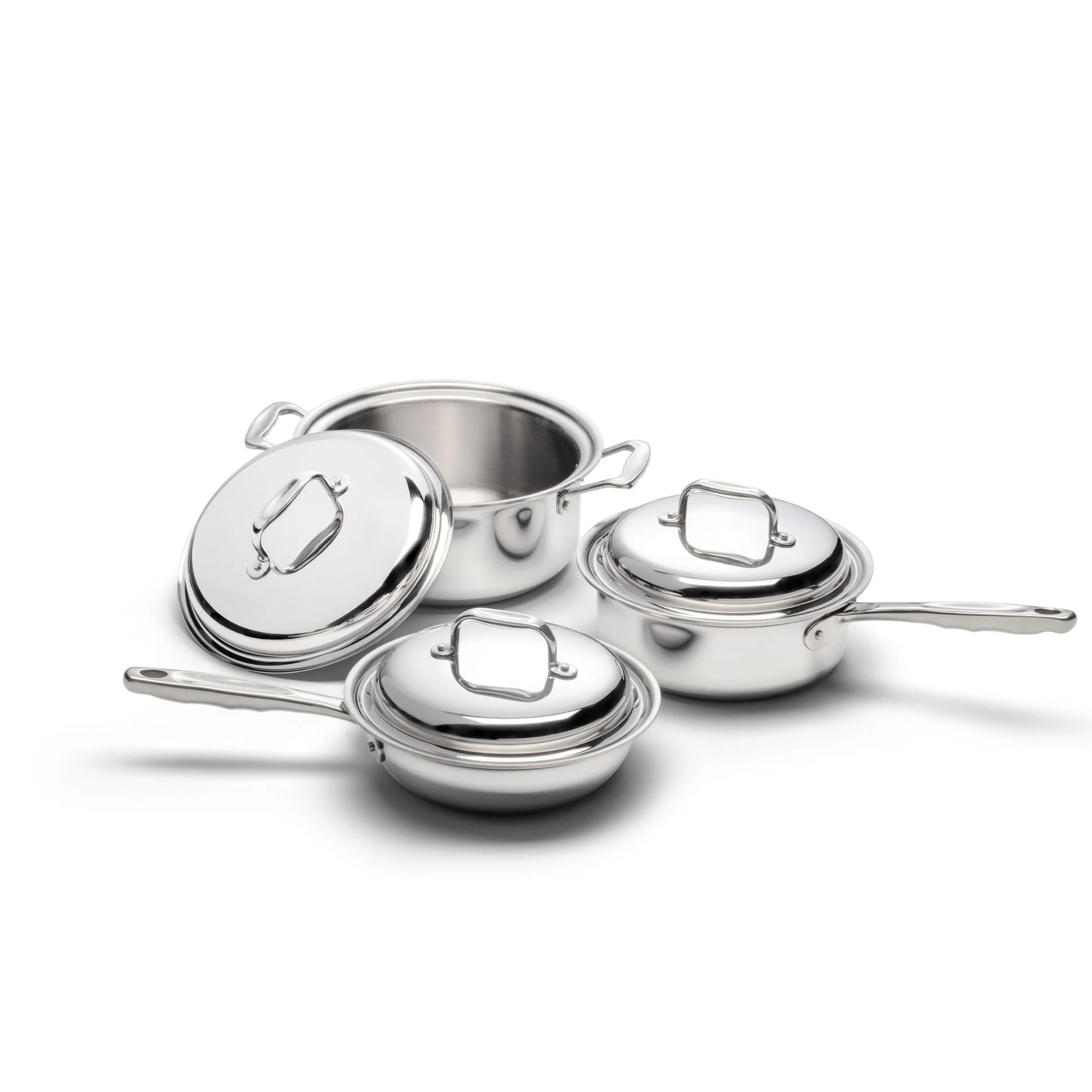 6-piece stainless steel cookware set including a fry pan, saucepan, and stock pot.