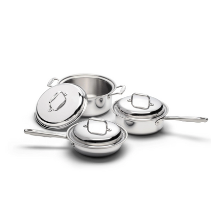 6-piece stainless steel cookware set including a fry pan, saucepan, and stock pot.