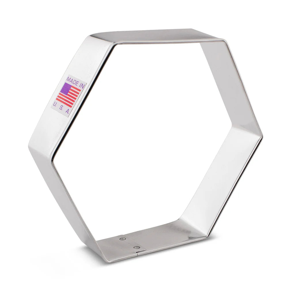 Hexagon cookie cutter made of metal with a 'Made in USA' label