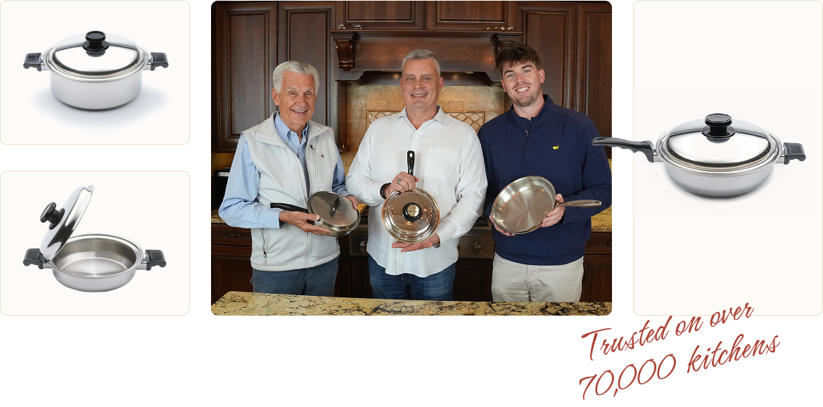 Three men holding stainless-steel pans in a kitchen with product shots at the sides, headline “Trusted on over 70,000 kitchens”