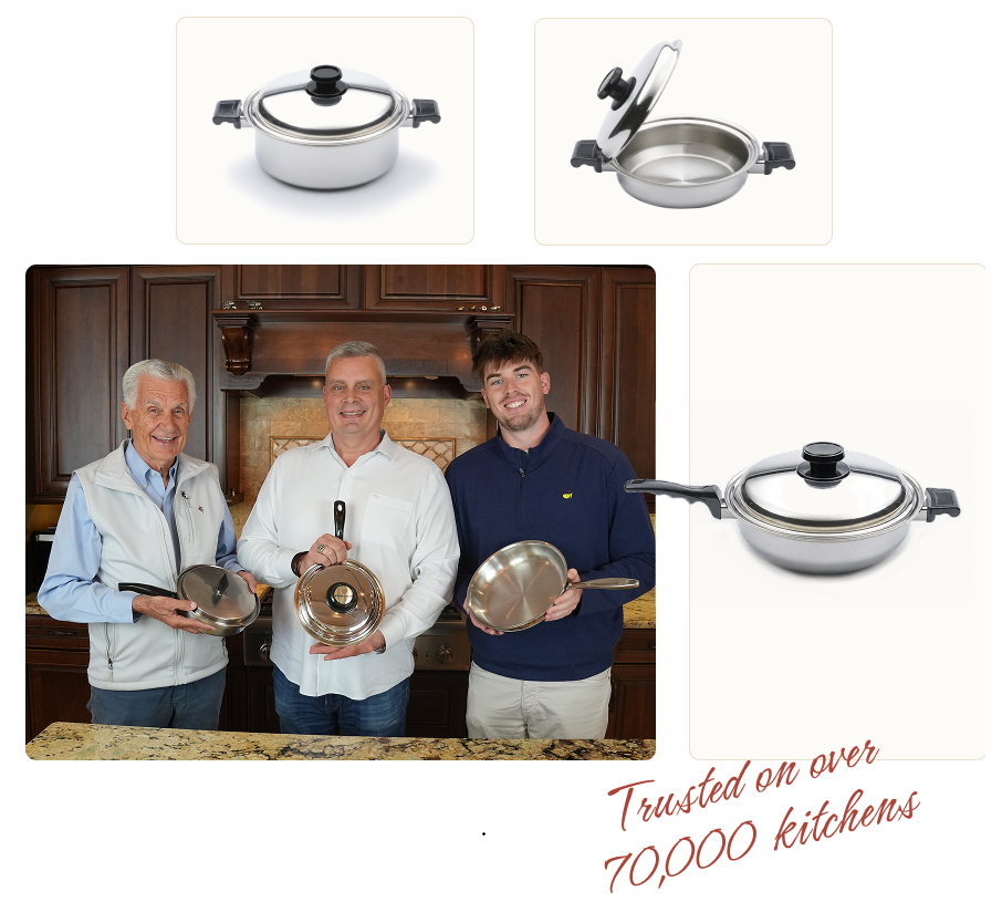 Three firefighters smiling in a kitchen holding stainless-steel 360 Cookware pots and pans
