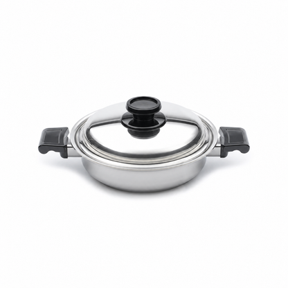 Front view of 2.3 quart casserole with cover showing black side handles on a white background