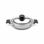 Front view of 2.3 quart casserole with cover showing black side handles on a white background
