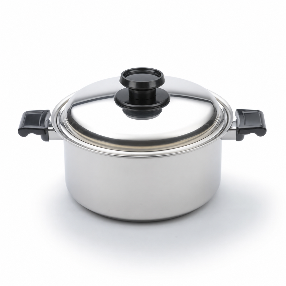 Front view of 8 Quart Stockpot with Cover showcasing a fitted lid and side handles on a white background