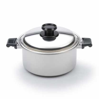 Front view of 8 Quart Stockpot with Cover showcasing a fitted lid and side handles on a white background
