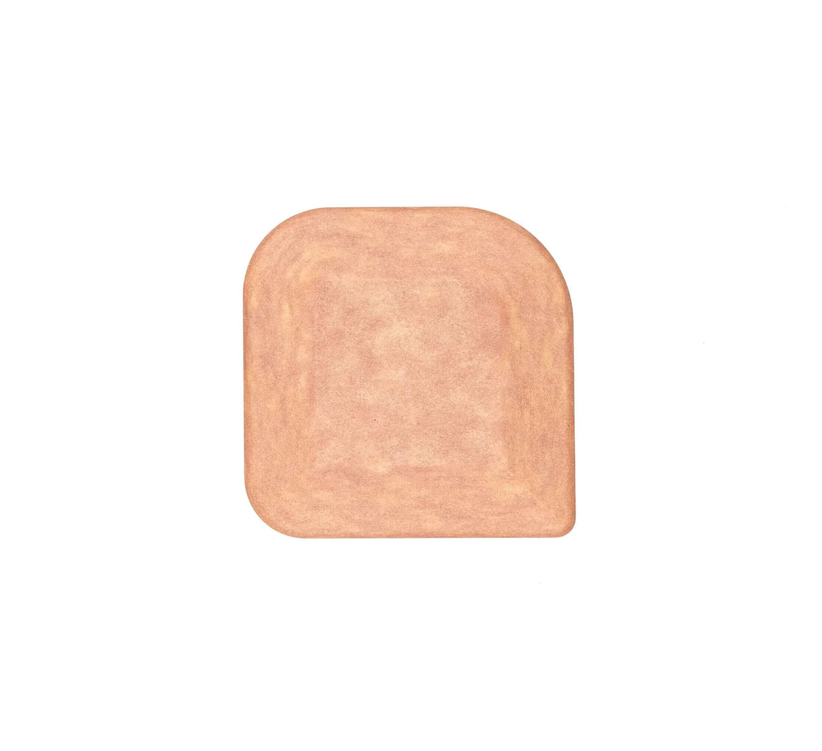 Top view of natural wood pan scraper showing rounded-square shape and beveled scraping edge on white background