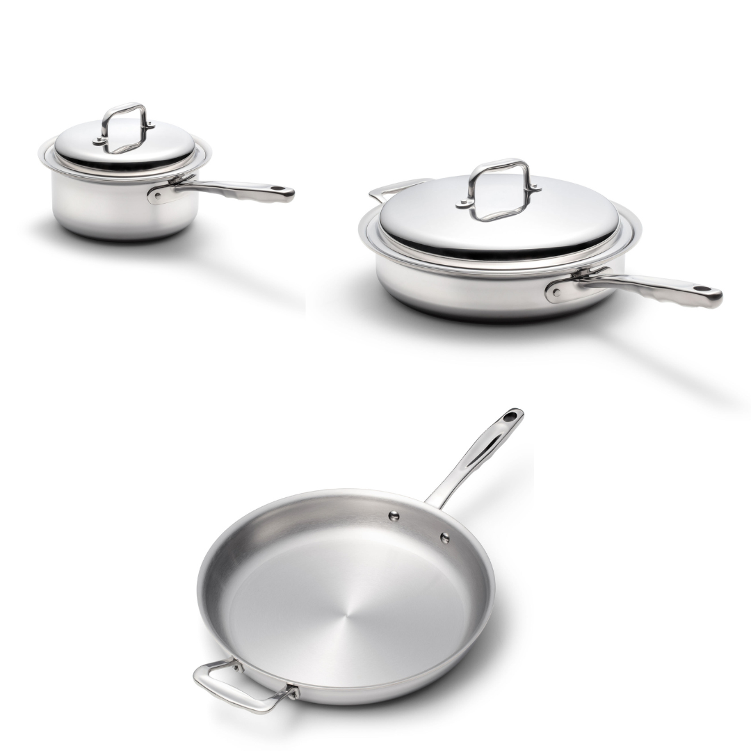 Three stainless-steel cookware pieces: lidded saucepan, lidded sauté pan, and open frying pan (skillet) with long handle.
