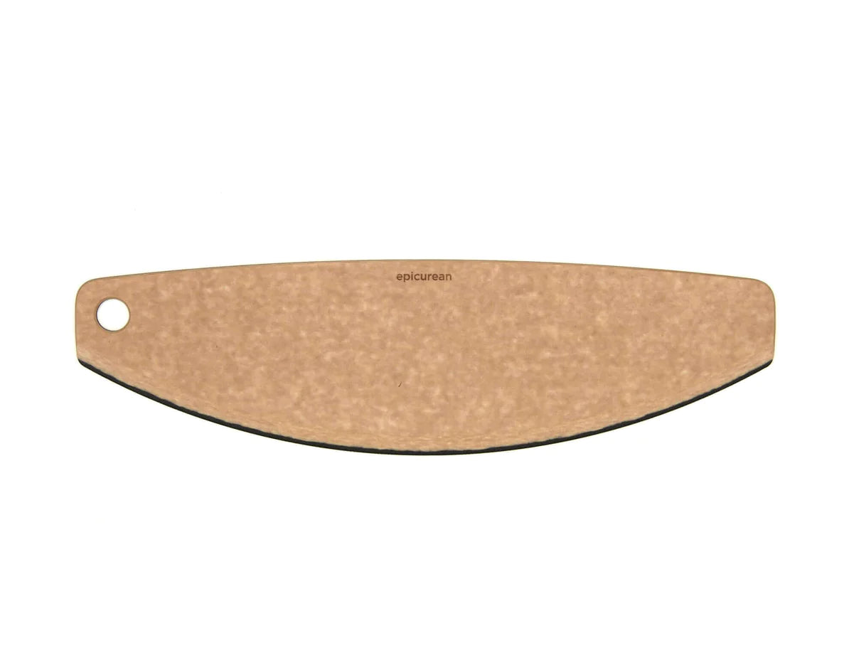 Epicurean pizza cutter with a curved blade and a hole for hanging