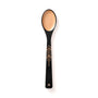 Wooden spoon with light oval bowl, black handle with gold geometric inlay and a circular hanging hole
