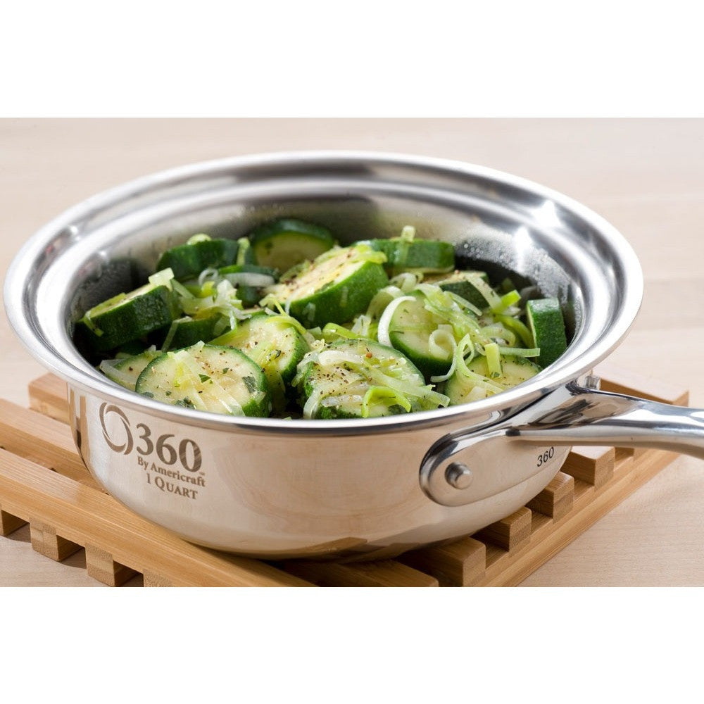 1 Quart stainless steel saucepan with cover, filled with sliced zucchini and leeks