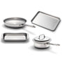 Set of four stainless steel cookware items: a 10 inch fry pan, a rectangular baking tray, a square baking pan, and a saucepan with lid.