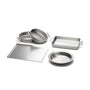 Assorted stainless-steel bakeware: two handled round pans, rectangular roasting pan, shallow pie plate, flat baking sheet.