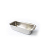 Rectangular stainless steel loaf pan with short handles, empty, angled on white background.
