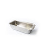Angled view of stainless steel loaf pan with tab handles showcasing generous size and smooth interior on white background