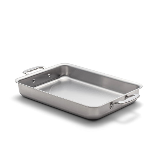 9" x 13" stainless steel Bake & Roast Pan with ergonomic handles for versatile cooking.