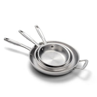 Three stainless steel frying pans part of the 3-Piece Fry Pan Set by 360 Cookware.