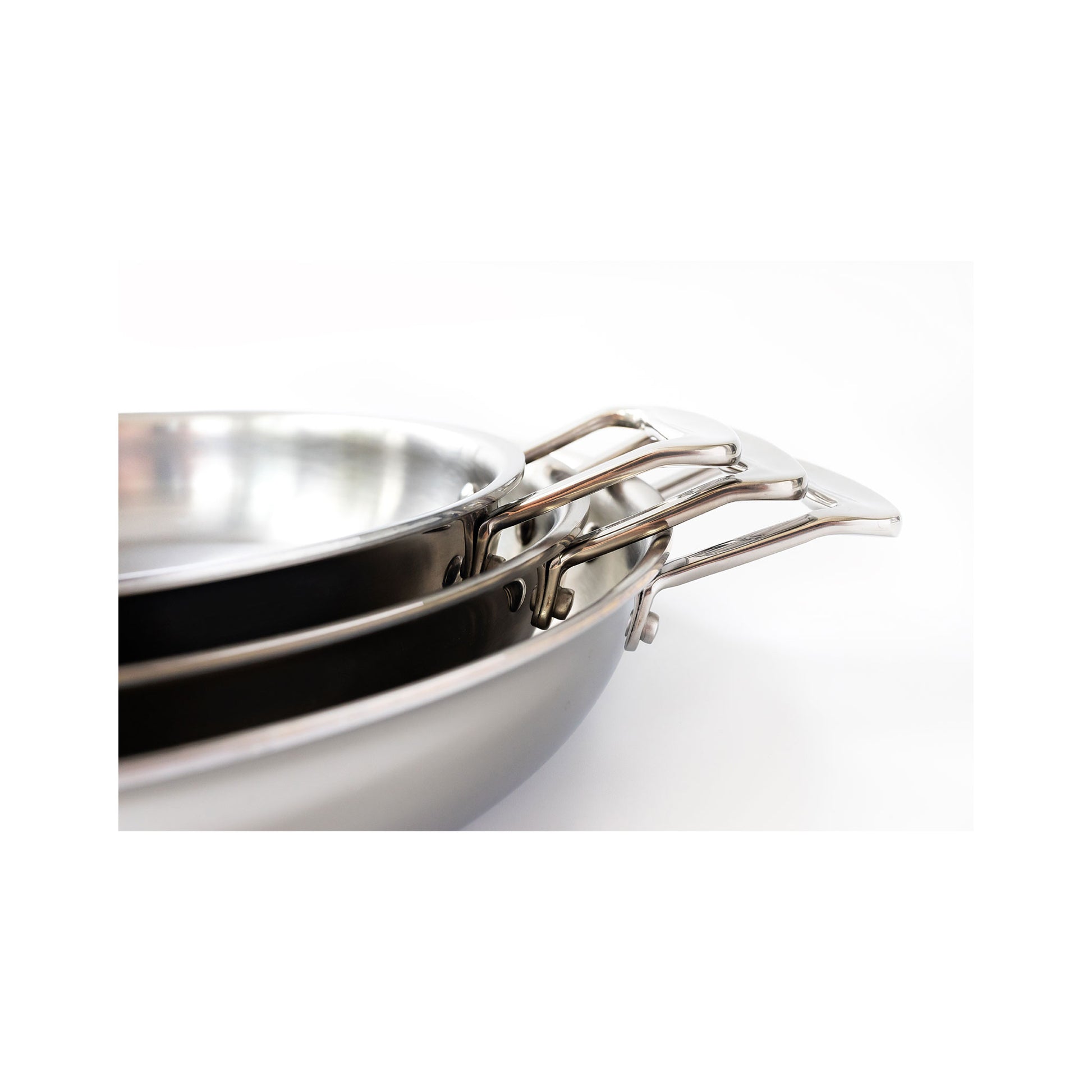 Stacked 3-piece fry pan set with short handles, surgical-grade stainless steel