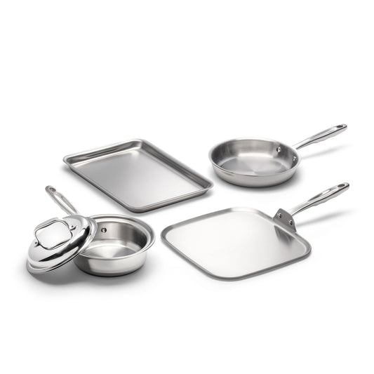 360 Cookware 5-Piece Breakfast Cookware Set including a frying pan, square griddle, round saucepan, and baking sheet