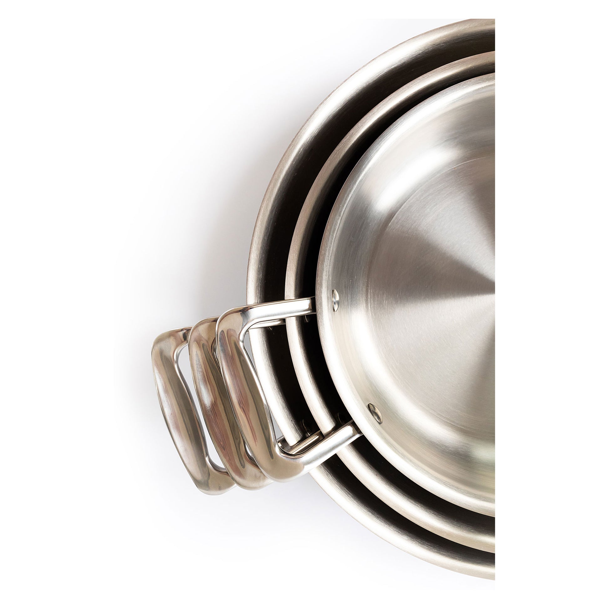 Stackable 3-piece fry pan set with short handles, surgical-grade stainless steel