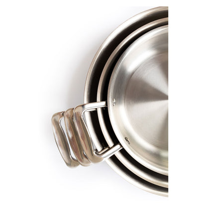 Stackable 3-piece fry pan set with short handles, surgical-grade stainless steel