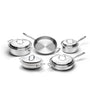 Angled front view of 9-piece stainless steel cookware set showcasing polished finish and included lids on white background